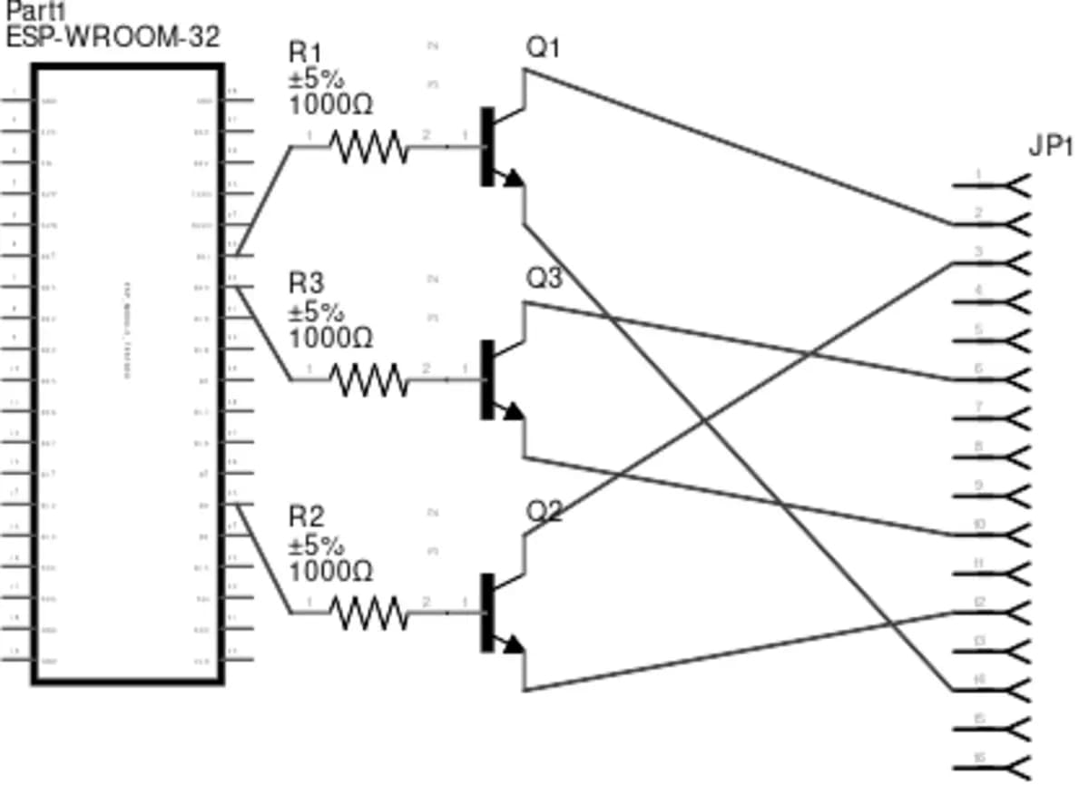 Schaltplan: ESP32 steuert über Widerstände und NPN-Transistoren Punkte der Schreibmaschinen-Tastaturmatrix an
