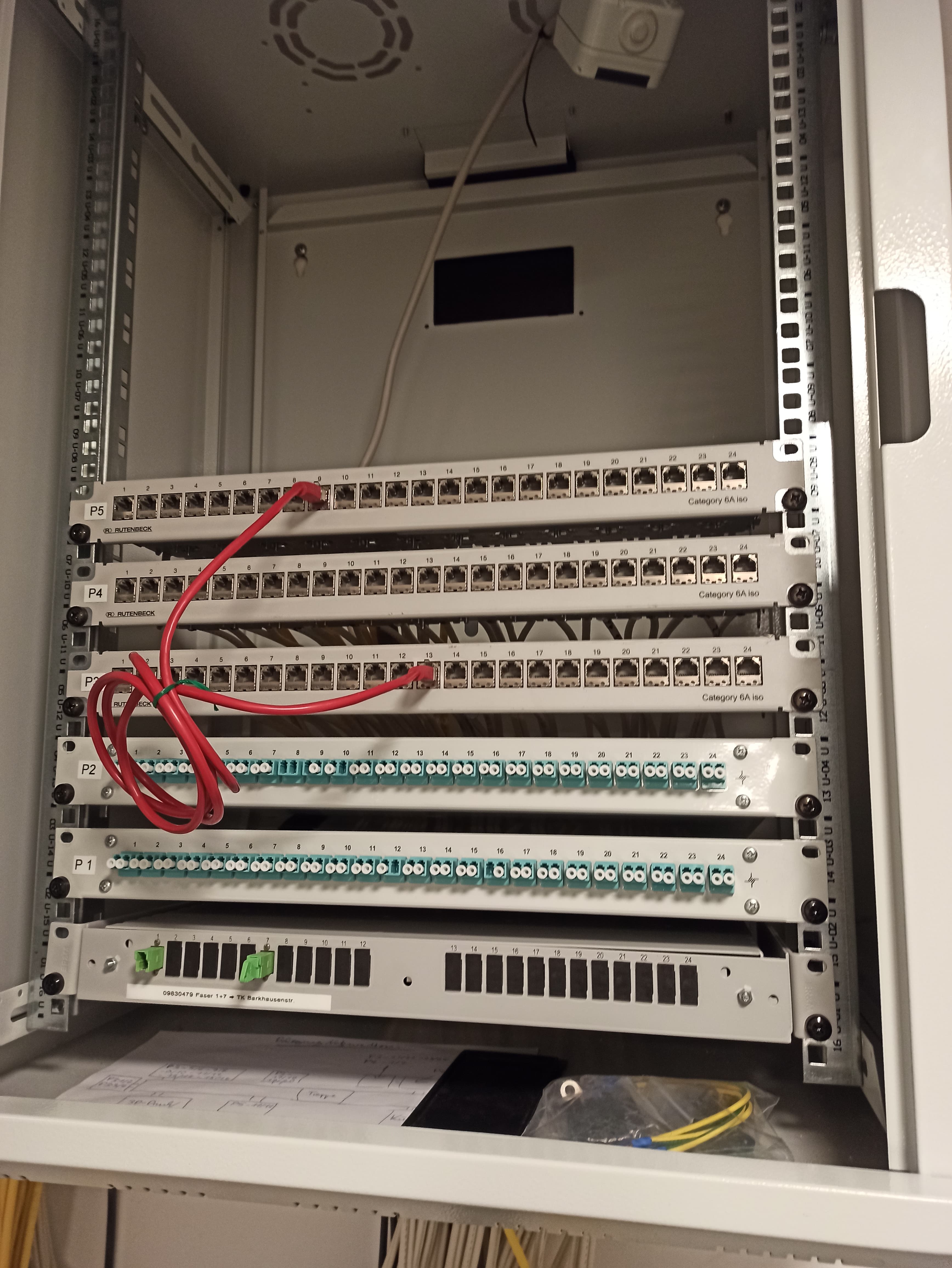 Blick in den fertigen Netzwerkschrank mit montierten Patchpanels